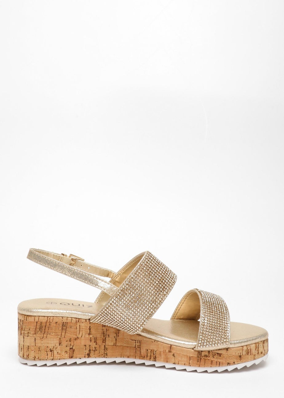 Quiz Gold Diamante Double Strap Low Wedges