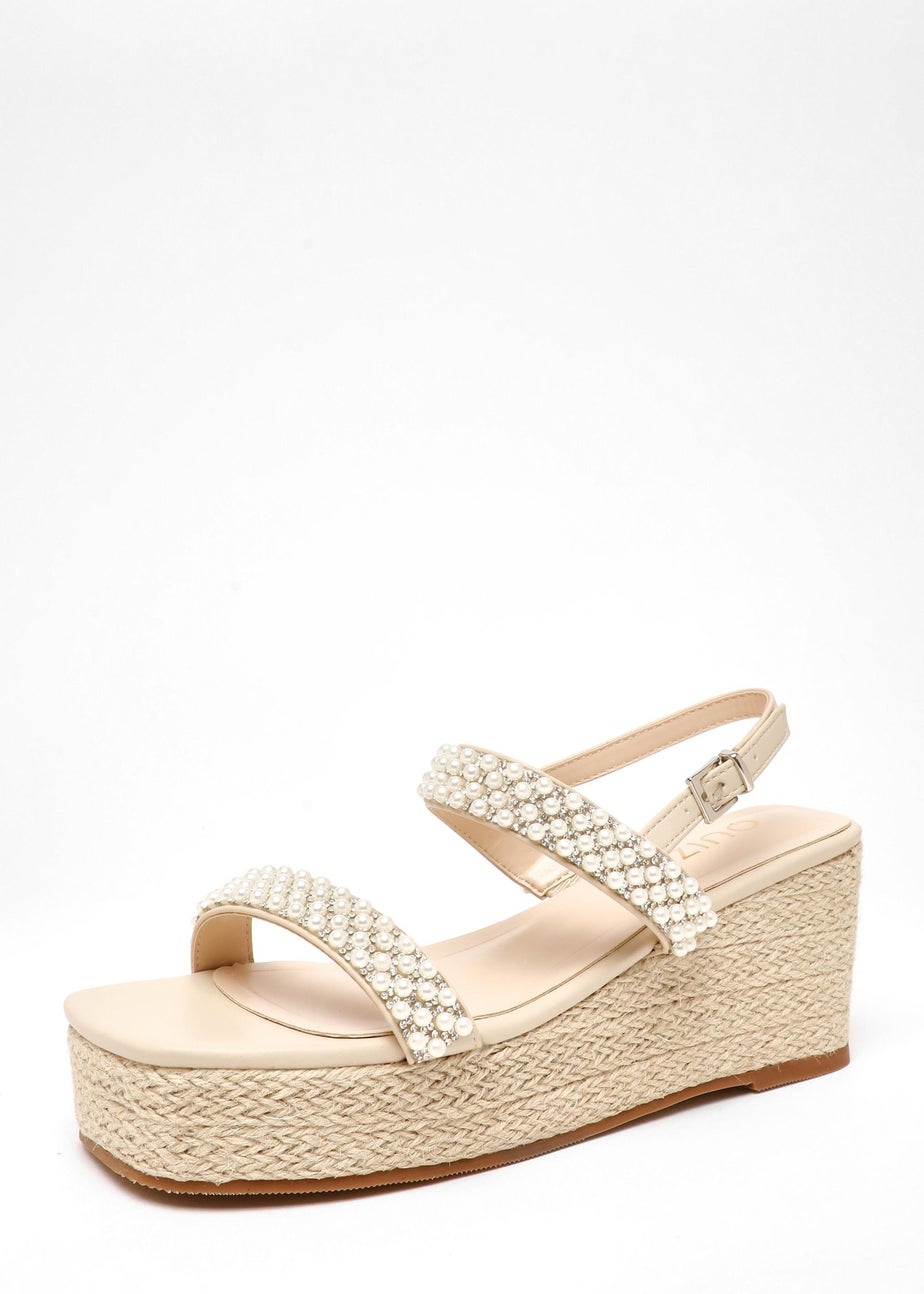 Quiz Natural Pearl Strap Woven Wedges