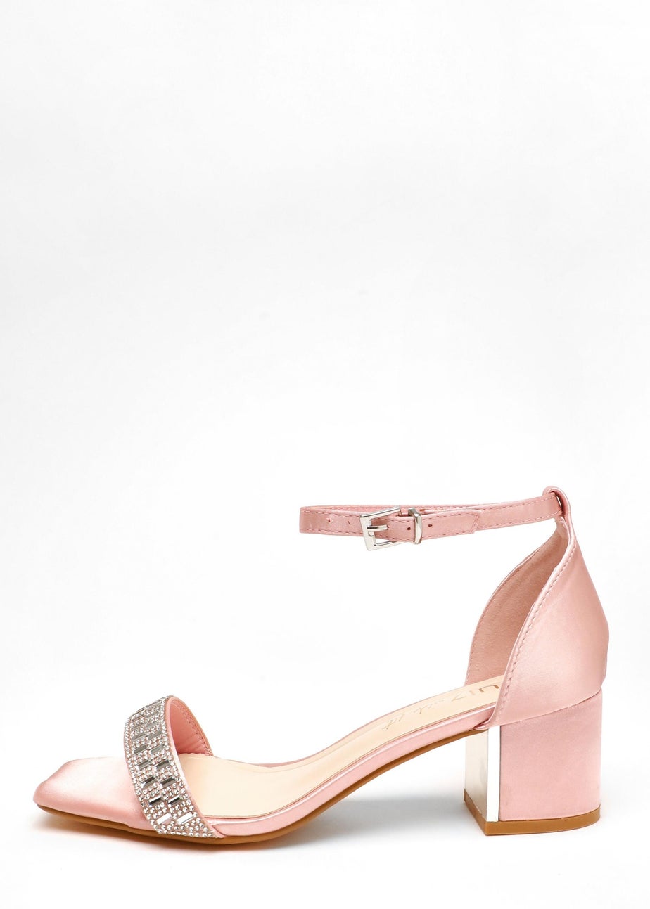 Quiz Pink Wide Fit Satin Diamante Low Block Heeled Sandals