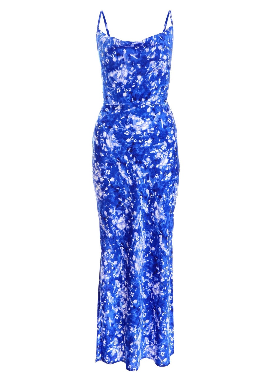 Quiz Blue Ditsy Floral Satin Midaxi Dress