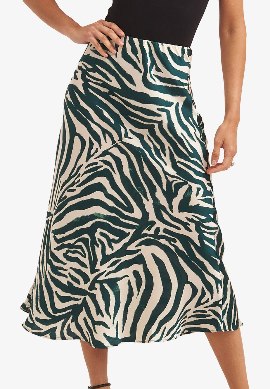Gini London Green Animal Print Satin Bias Cut Midi Skirt