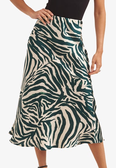 Gini London Green Animal Print Satin Bias Cut Midi Skirt