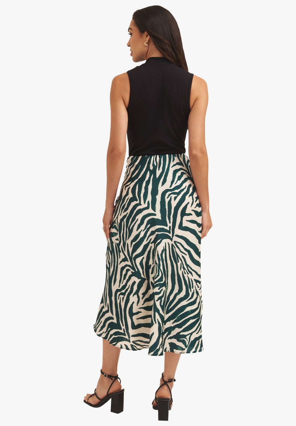 Gini London Green Animal Print Satin Bias Cut Midi Skirt