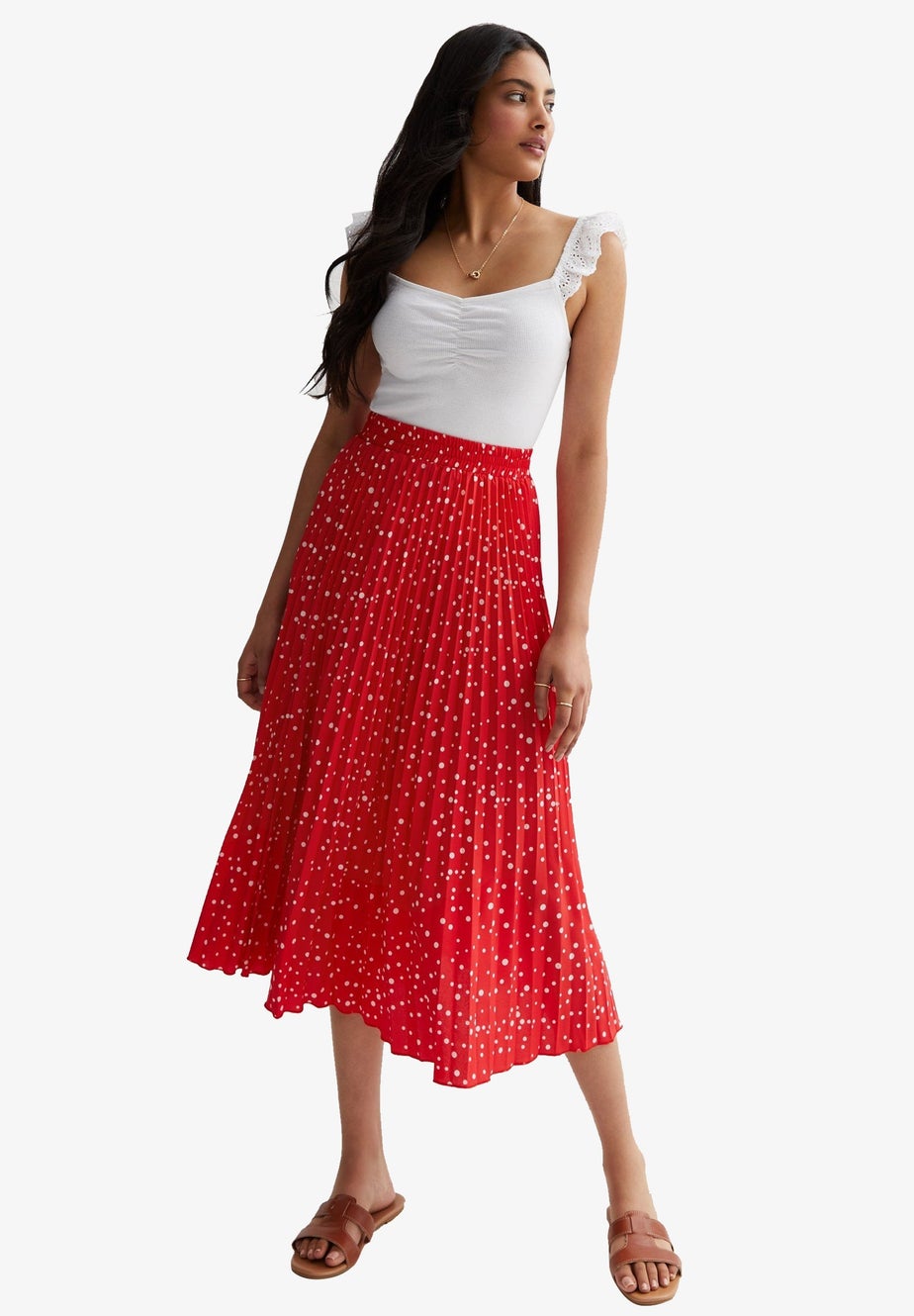 Gini London Red Polka Dot Pleated Midi Skirt