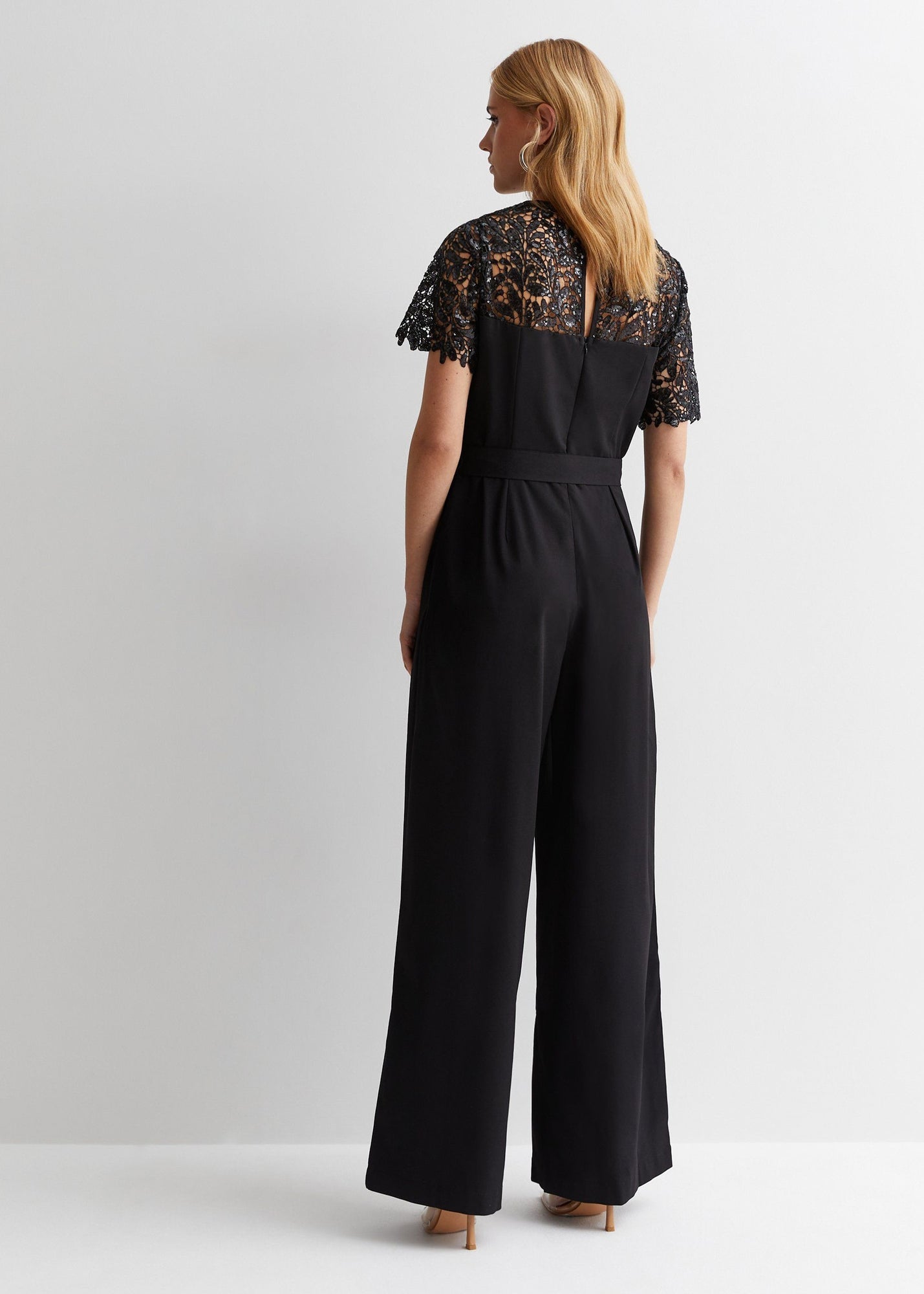 Gini London Black Floral Lace Sequin Belted Occasion Jumpsuit