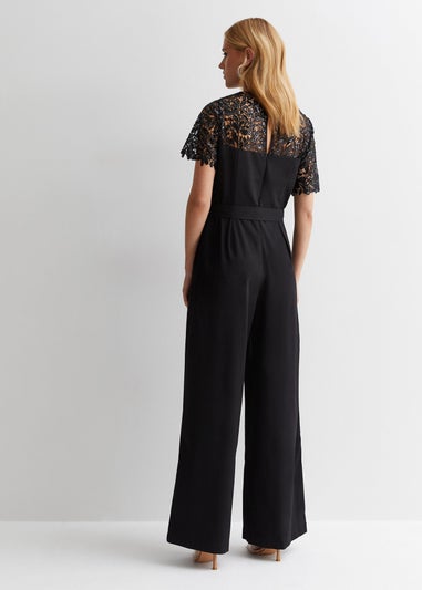 Gini London Black Floral Lace Sequin Belted Occasion Jumpsuit