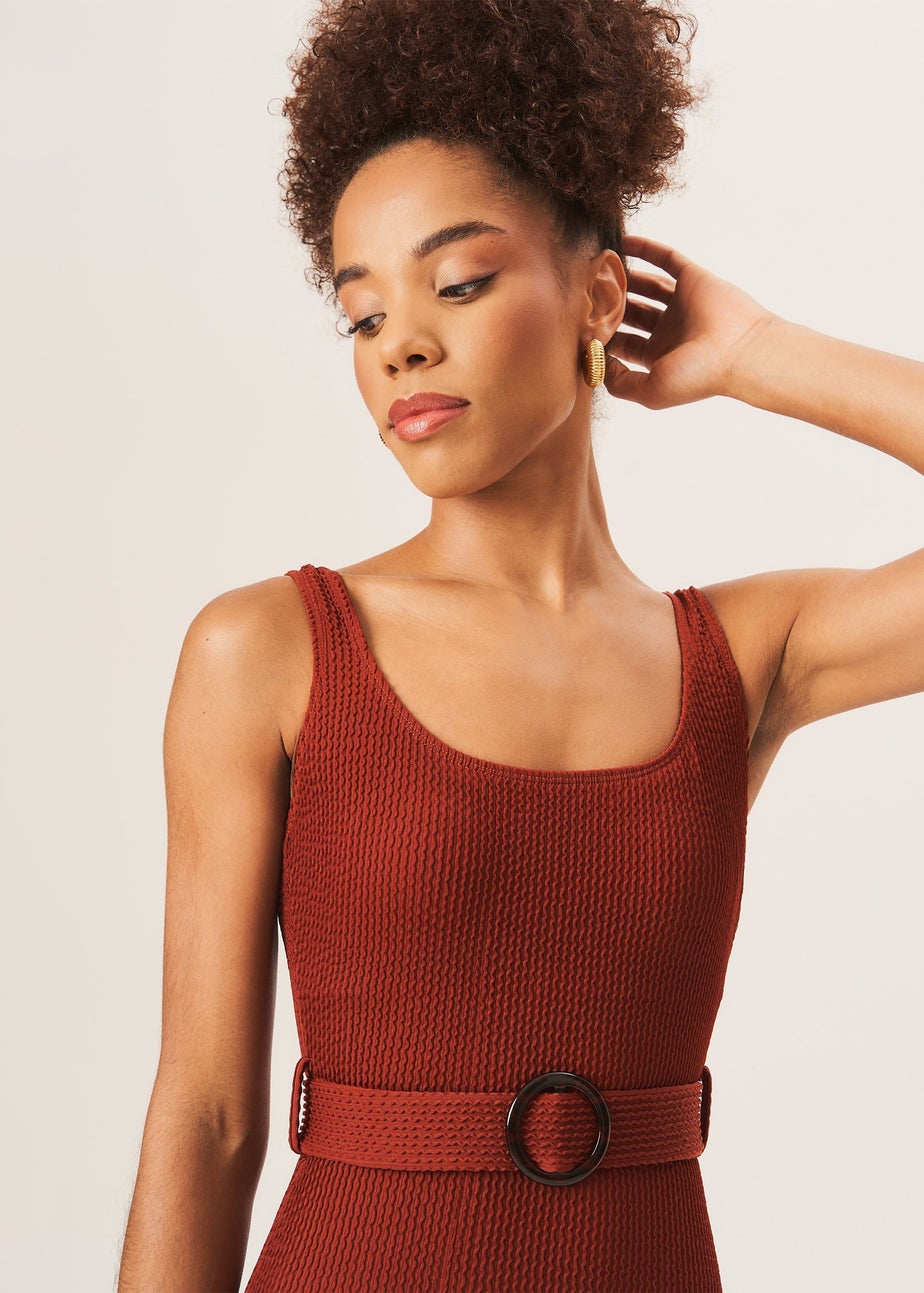 Gini London Chocolate Textured Round Neck Belted Swimsuit