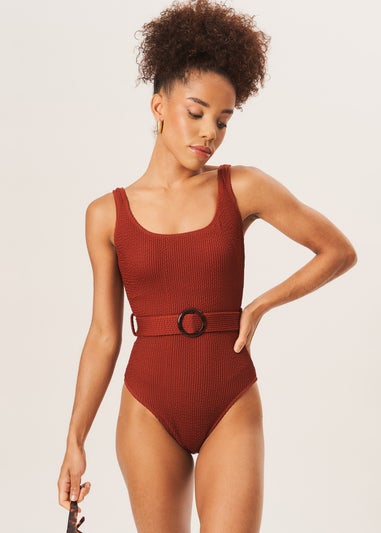 Gini London Chocolate Textured Round Neck Belted Swimsuit