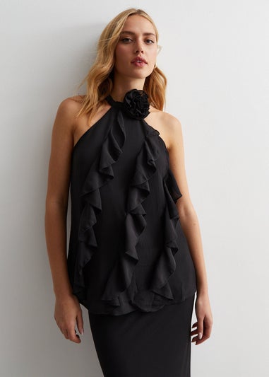 Gini London Black Ruffle Detail Halter Neck Top