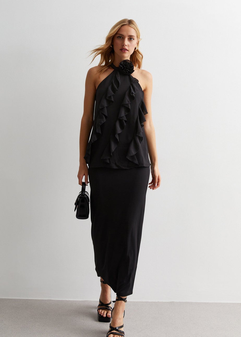 Gini London Black Ruffle Detail Halter Neck Top