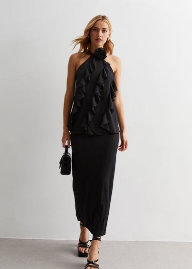 Gini London Black Ruffle Detail Halter Neck Top