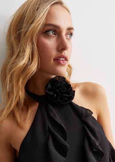 Gini London Black Ruffle Detail Halter Neck Top