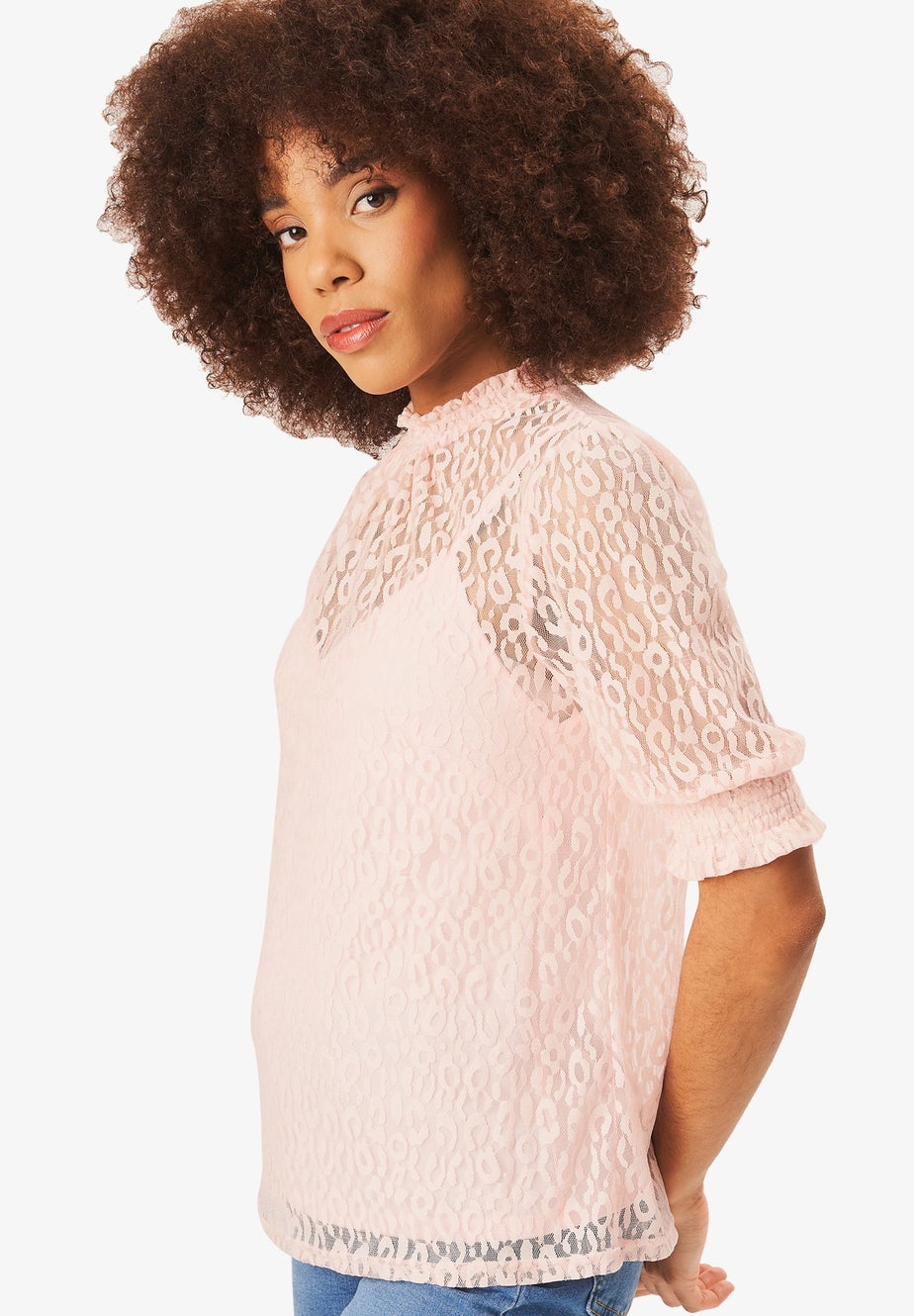 Gini London Light Pink High Neck Lace Loose Fit Blouse