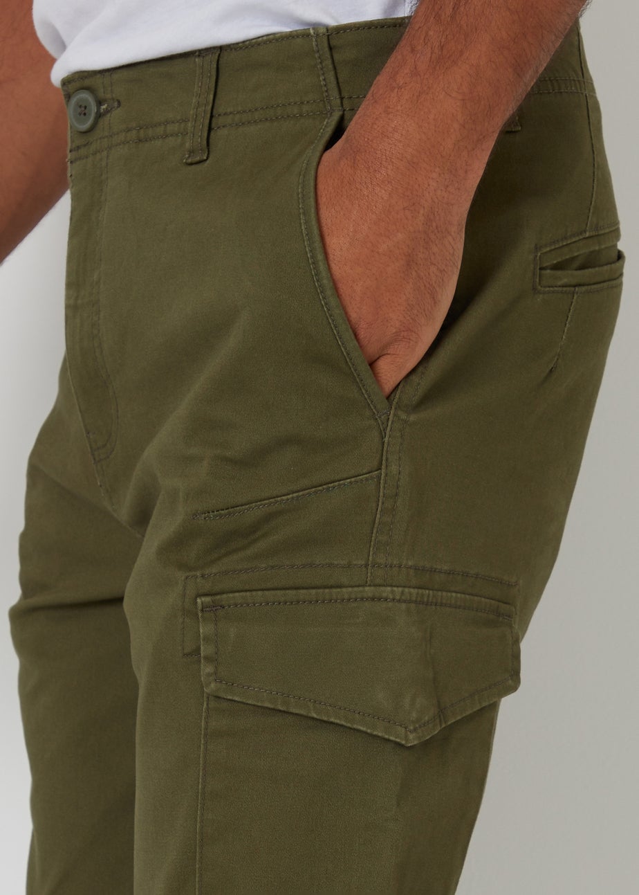 Threadbare Khaki Cotton Cargo Trousers With Stretch