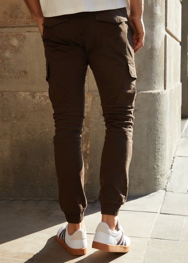 Threadbare Chocolate Cotton Jogger Style Cargo Trousers With Stretch