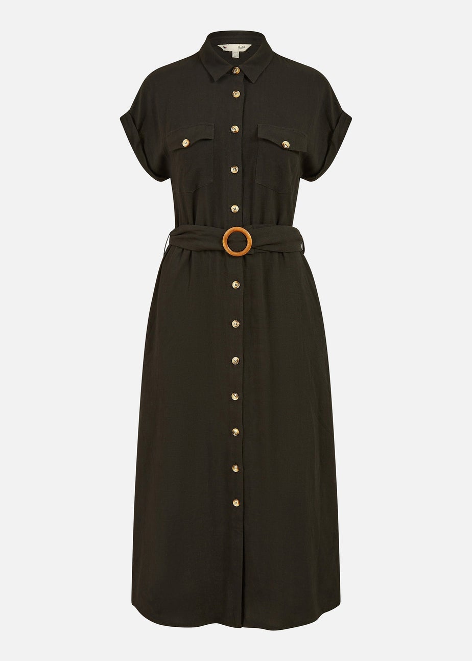 Yumi Black Viscose Linen Look Midi Shirt Dress With Wooden Belt