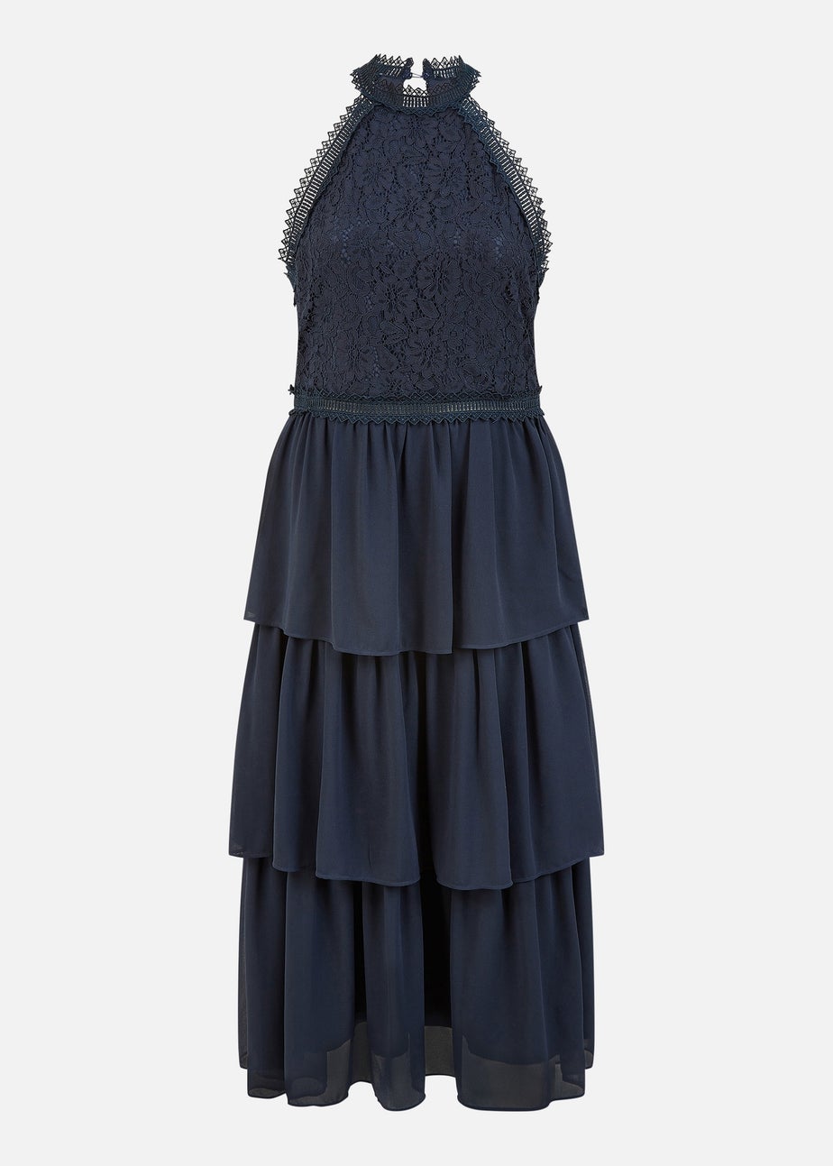 Yumi Navy Lace Halter Neck Midi Dress With Tiered Hem