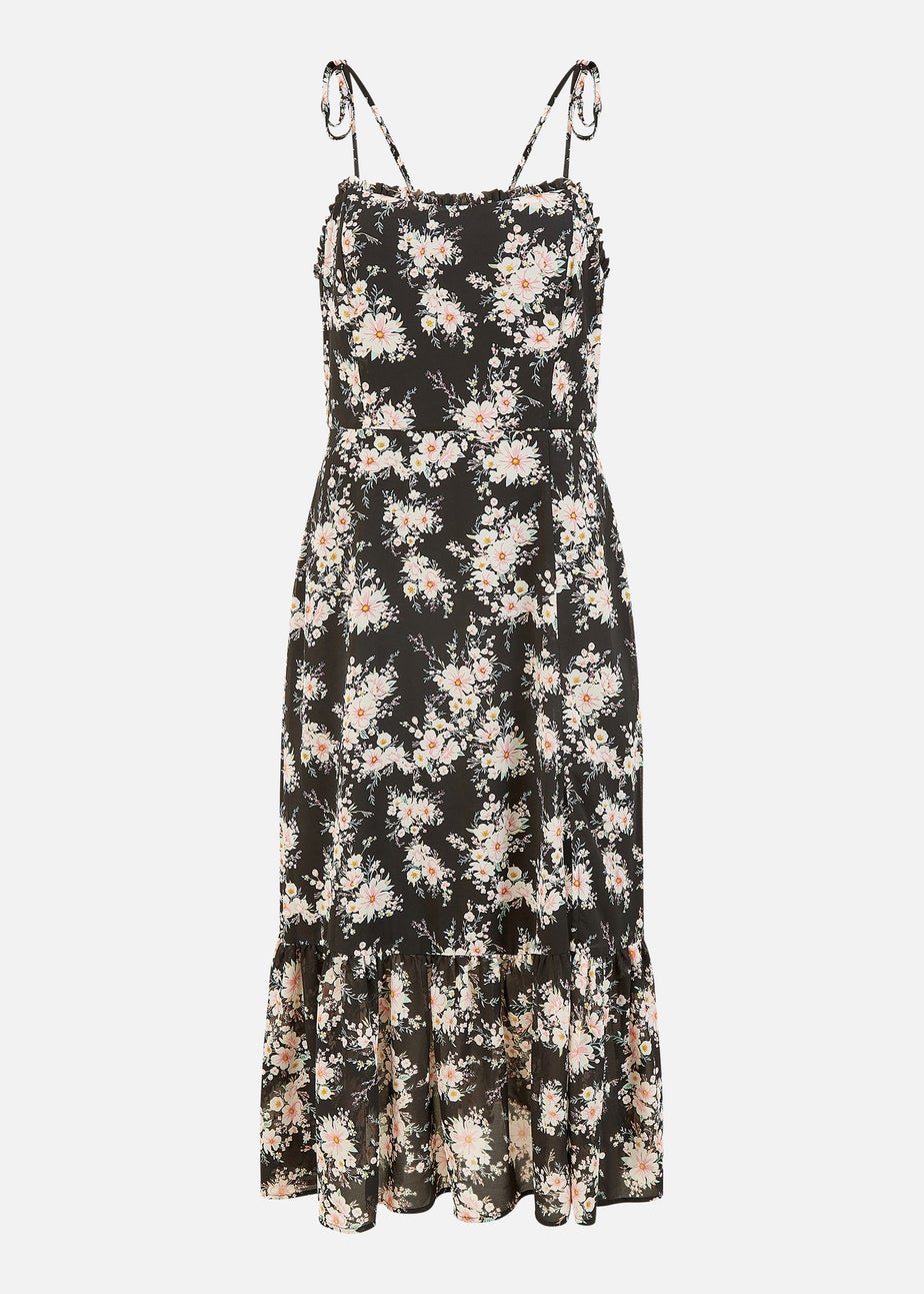 Yumi Black Floral Midi Sundress With Split Hem
