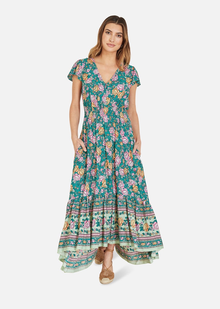 Yumi Green Festival Floral Print Ruched Waist Maxi Dress