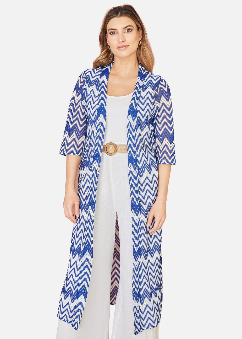 Yumi Blue Zig Zag Crochet Long Knitted Kimono