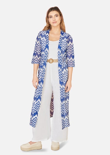 Yumi Blue Zig Zag Crochet Long Knitted Kimono