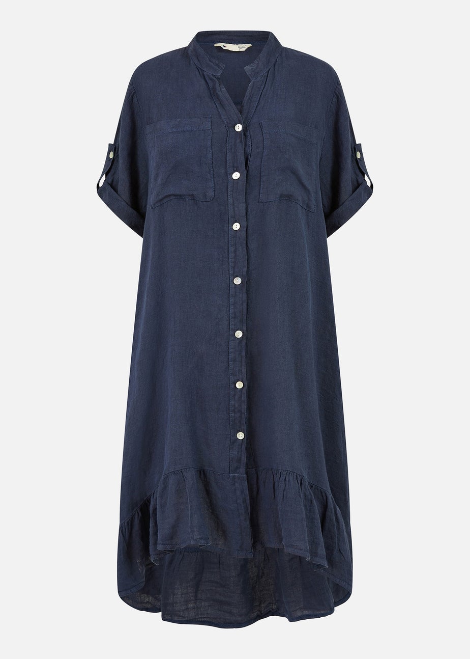 Yumi Navy Italian Linen Shirt Dress With Frill Hem