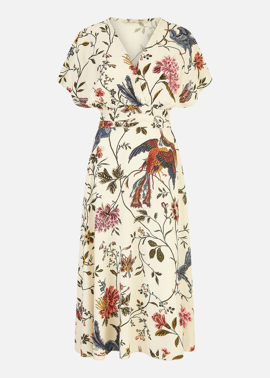 Yumi Ivory Bird and Floral Print Ruched Waist Kimono Midi Dress