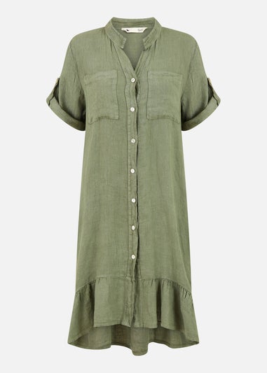 Yumi Khaki Italian Linen Shirt Dress With Frill Hem