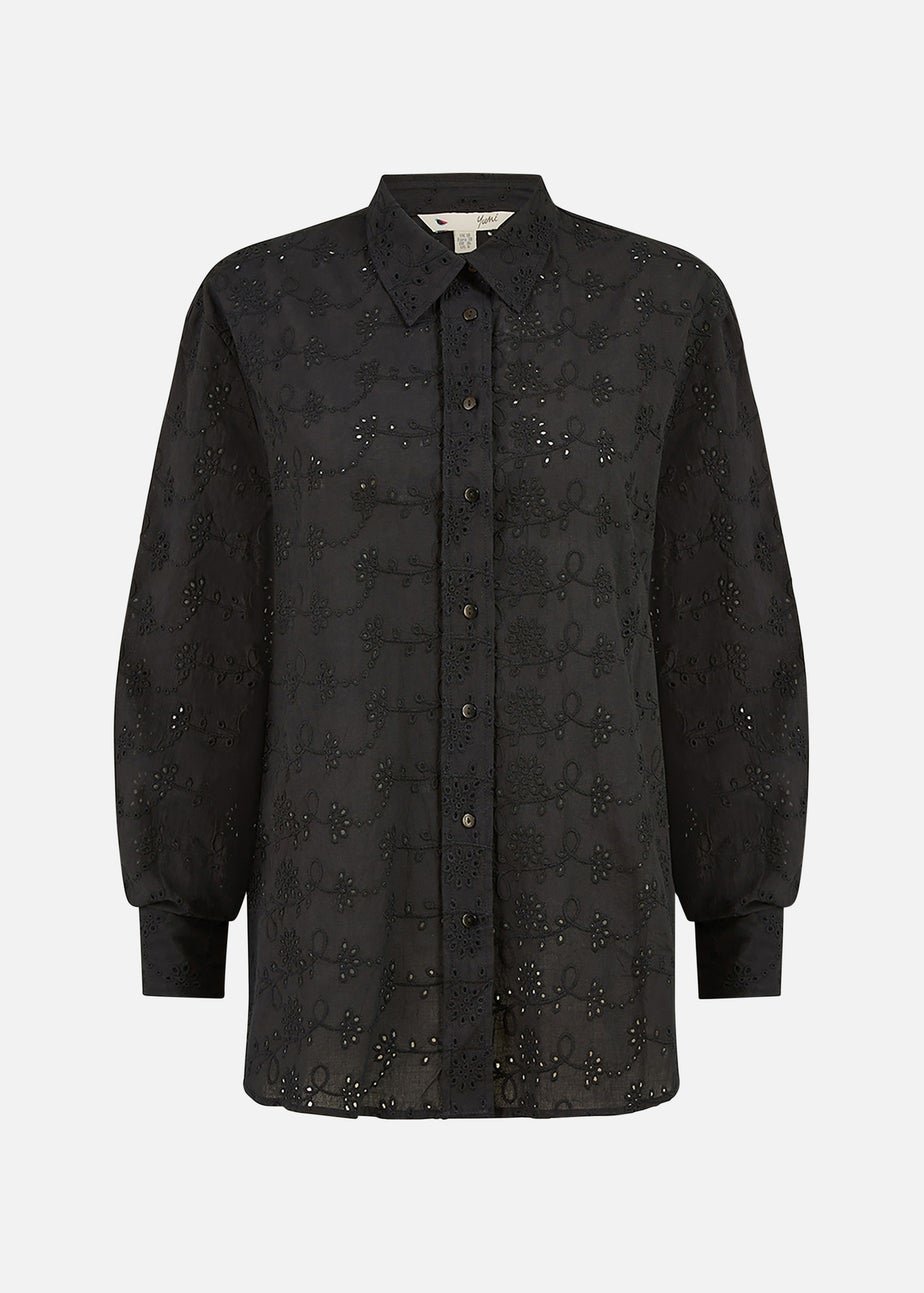 Yumi Black Cotton Broderie Anglaise Relaxed Shirt