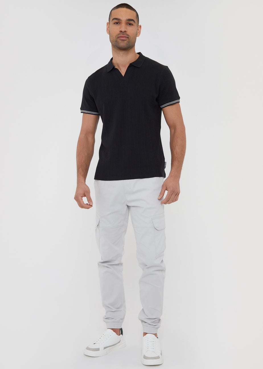 Threadbare Black Textured Knit Open Collar Polo Shirt