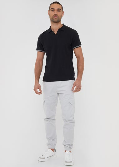 Threadbare Black Textured Knit Open Collar Polo Shirt