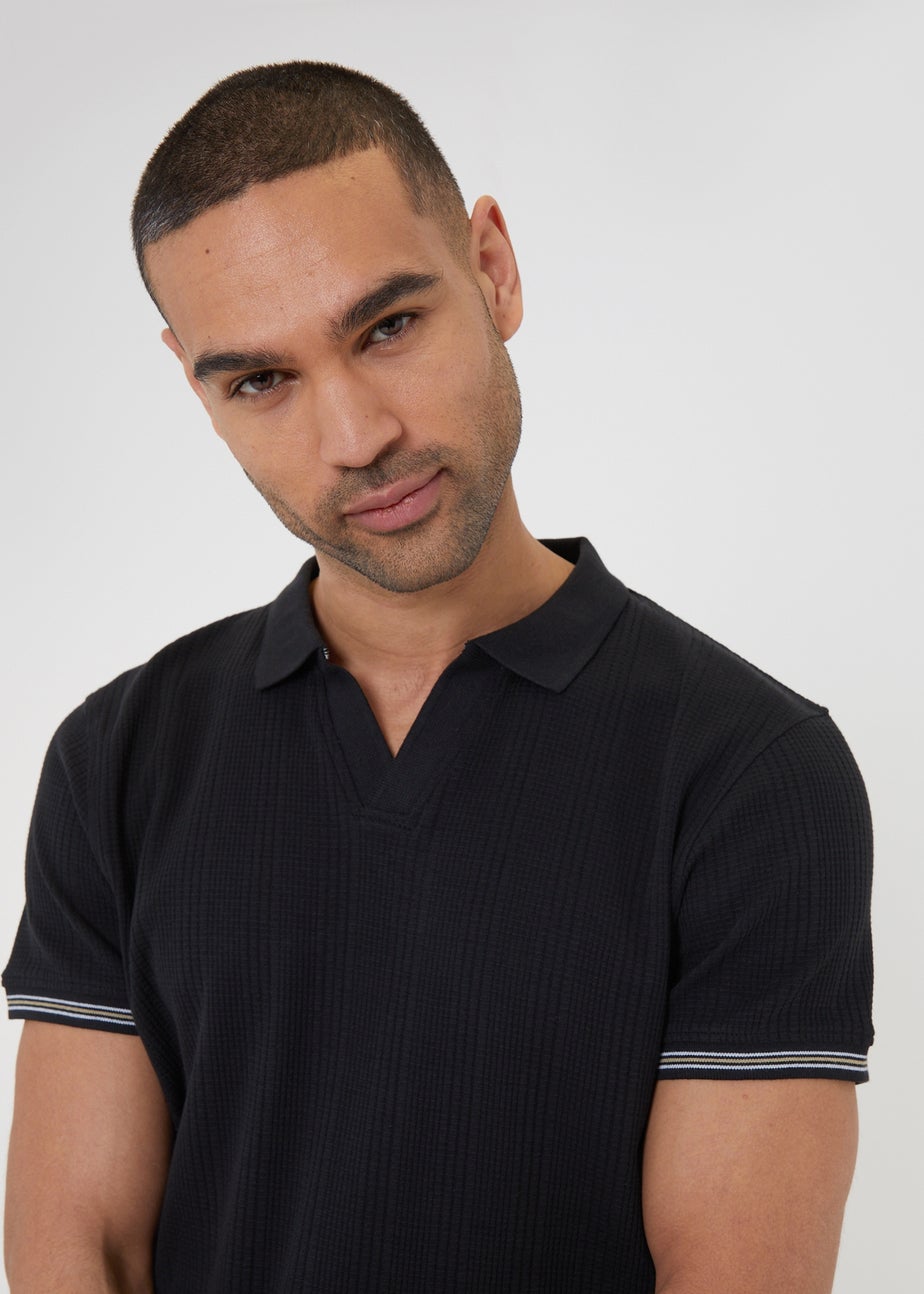 Threadbare Black Textured Knit Open Collar Polo Shirt