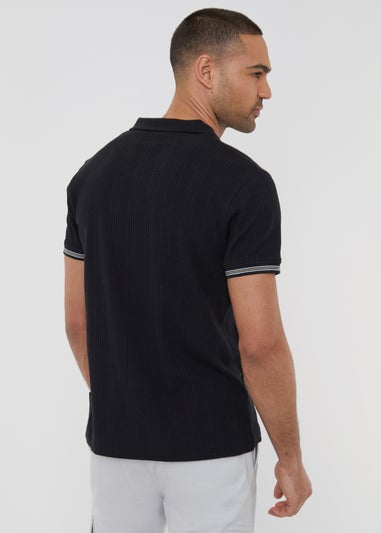 Threadbare Black Textured Knit Open Collar Polo Shirt