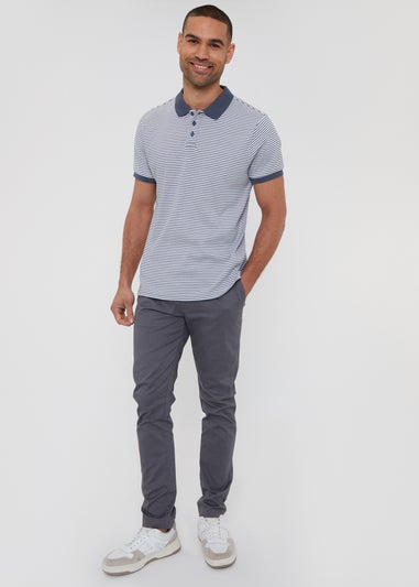 Threadbare Blue Stretch Cotton Contrast Collar Stripe Polo Shirt