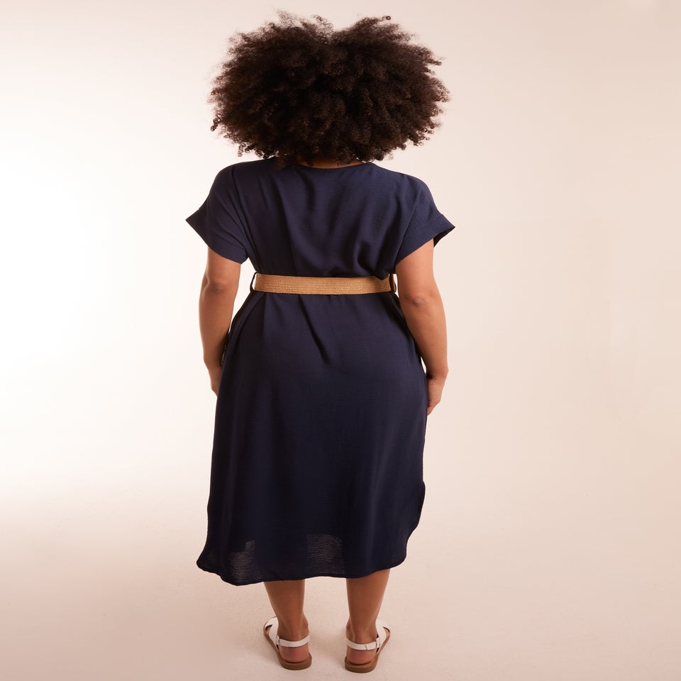 Blue Vanilla Navy Belted V neck Midi Dress