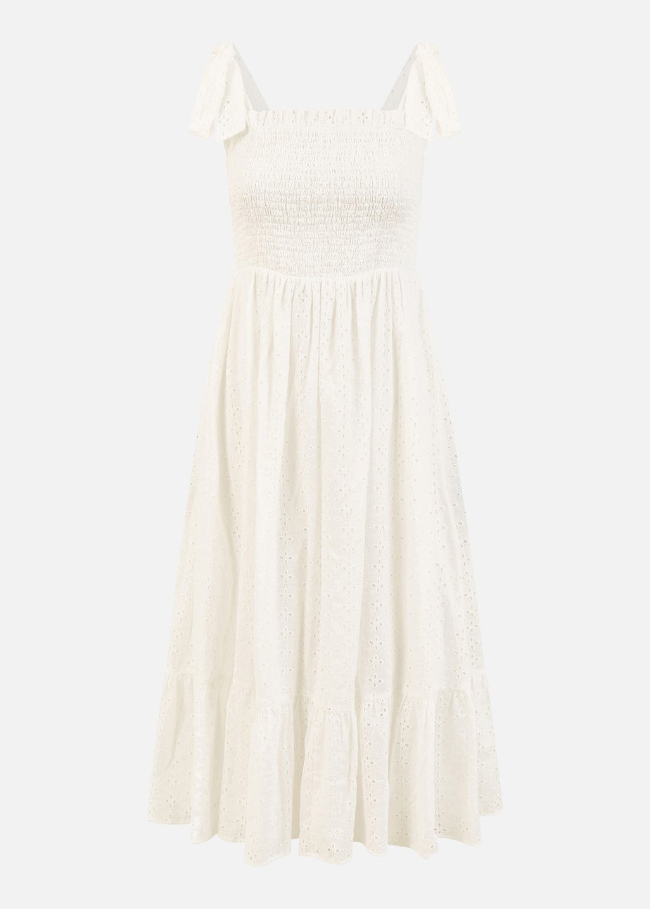 Mela White Broderie Anglaise Ruched Midi Sundress With Tie Sleeves