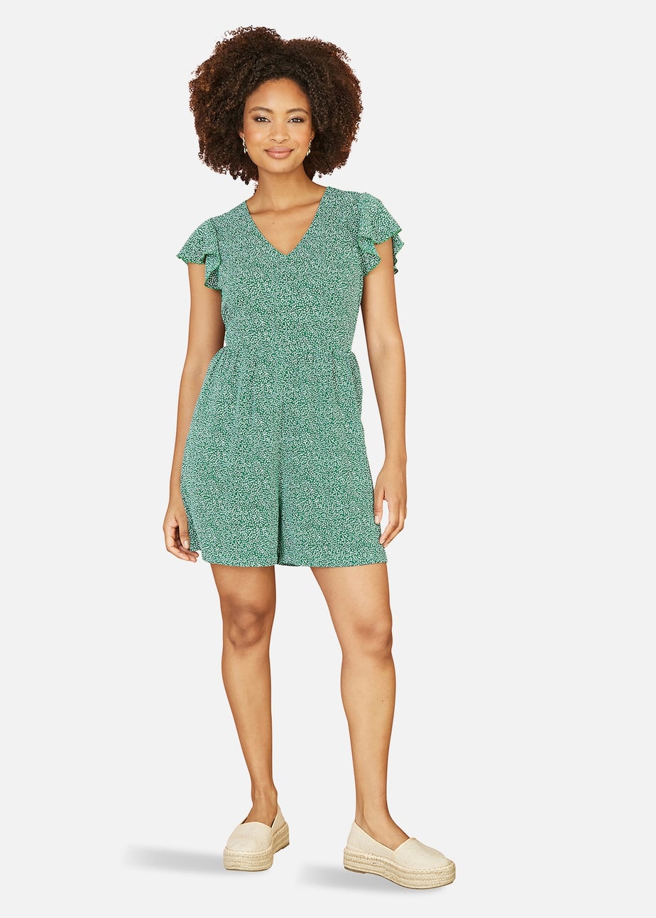 Mela Green Ditsy Print V Neck Playsuit