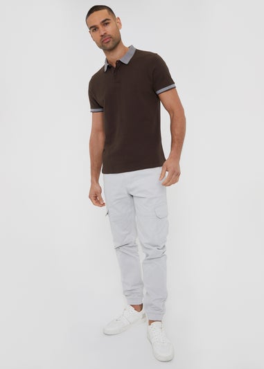 Threadbare Chocolate Popcorn Cotton Jersey Polo Shirt