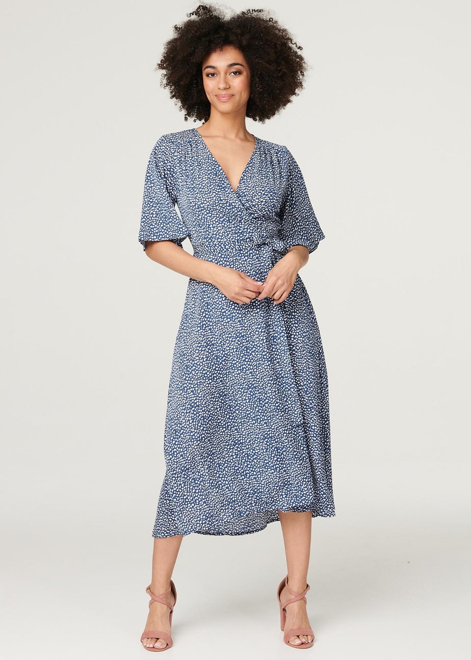 Izabel London Navy Printed Tie Waist Wrap Midi Dress