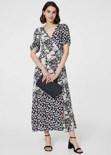 Izabel London Black/White Floral 1/2 Sleeve Midi Wrap Dress