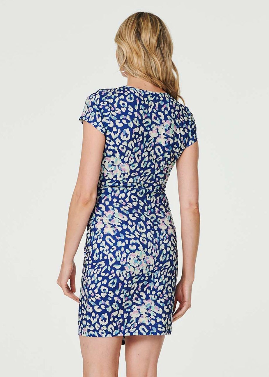 Izabel London Blue Animal Print Ruched Short Wrap Dress