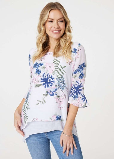 Izabel London Pink Floral 3/4 Flare Sleeve Curve Hem Top