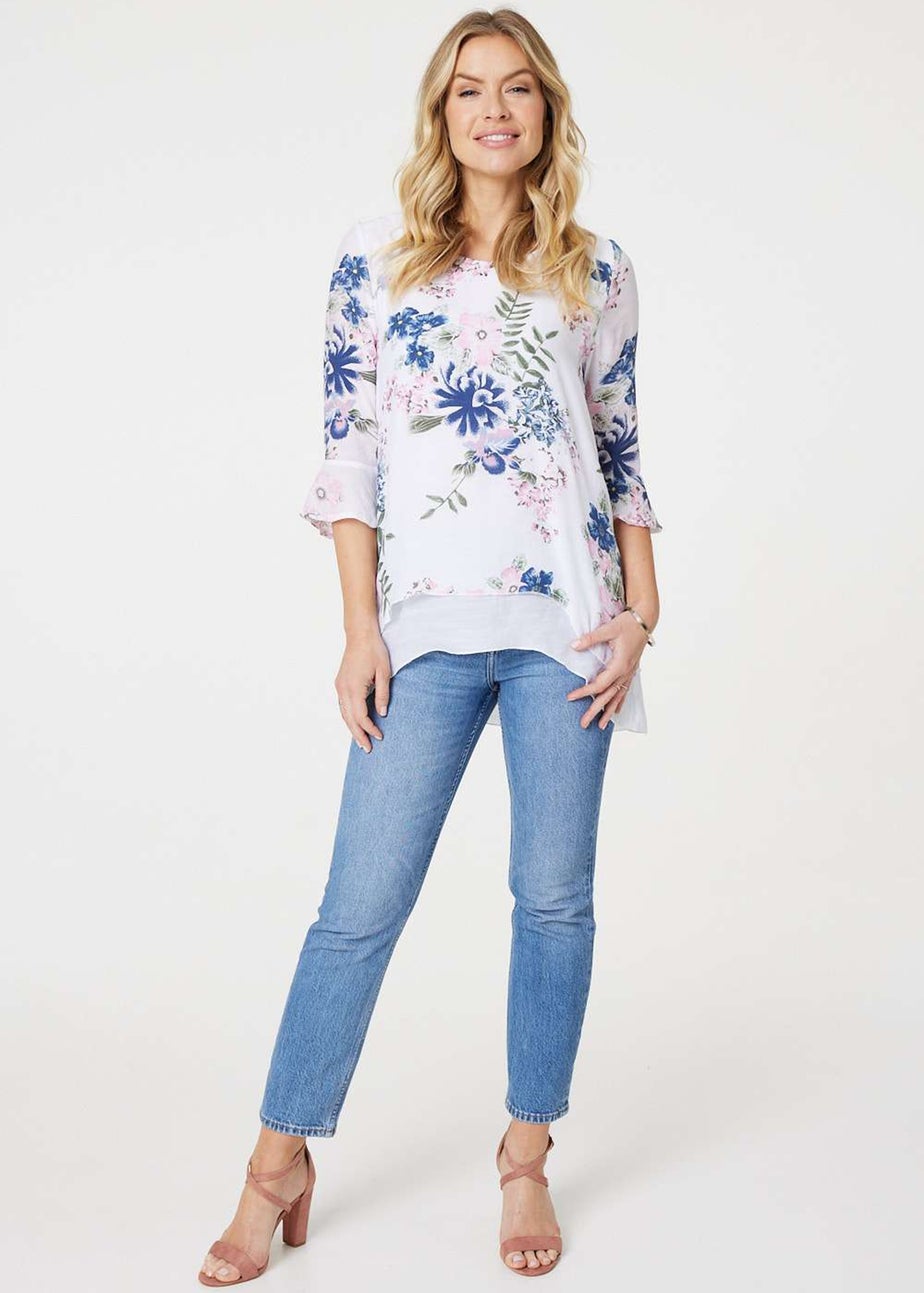 Izabel London Pink Floral 3/4 Flare Sleeve Curve Hem Top