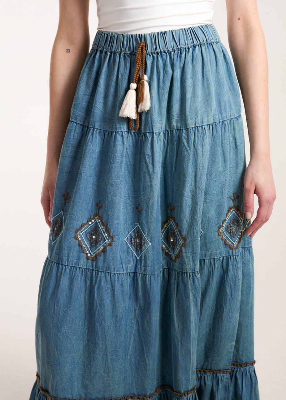 Blue Vanilla Blue Denim Embroidered Tiered Skirt