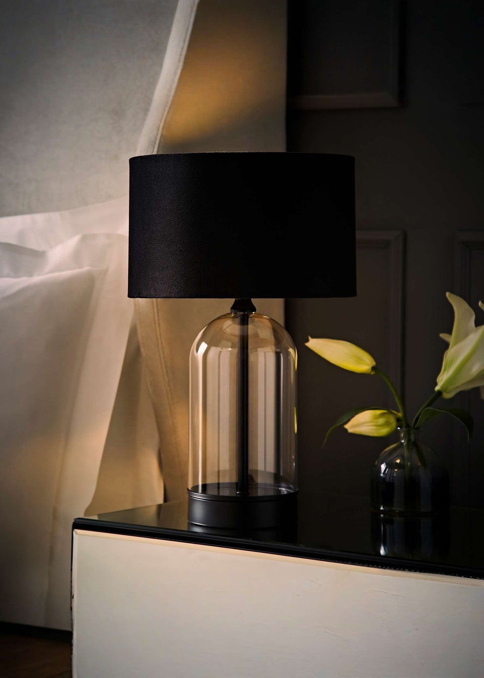ValueLights Jessy Glass Table Lamp Black Velvet Shade (41cm x 25cm)