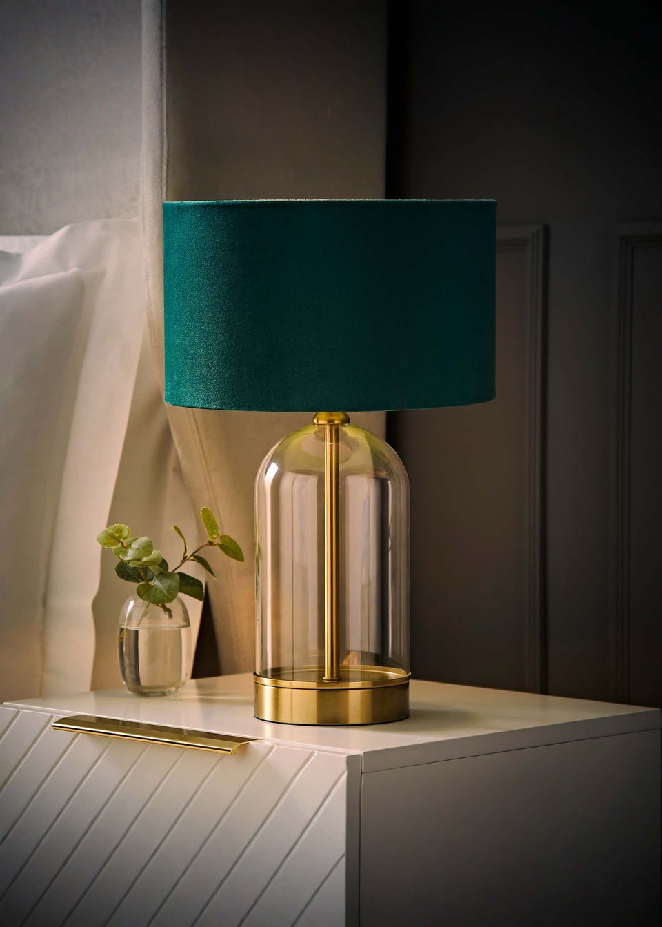 ValueLights Jessy Glass Table Lamp Forest Green Velvet Shade (41cm x 25cm)