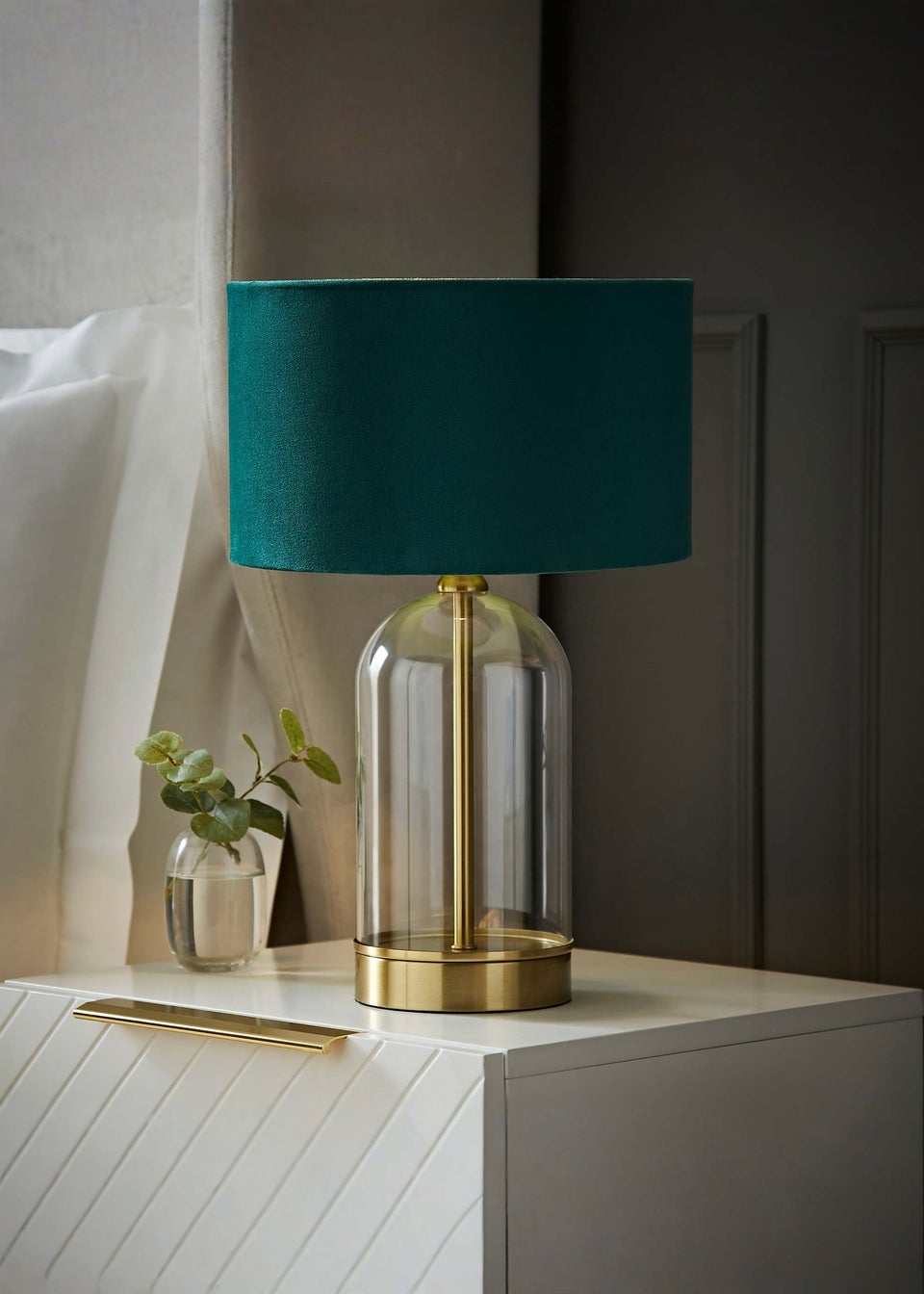 ValueLights Jessy Glass Table Lamp Forest Green Velvet Shade (41cm x 25cm)