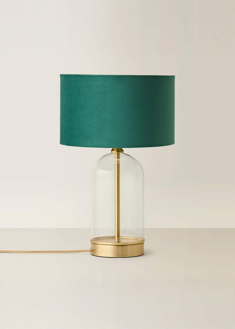 ValueLights Jessy Glass Table Lamp Forest Green Velvet Shade (41cm x 25cm)