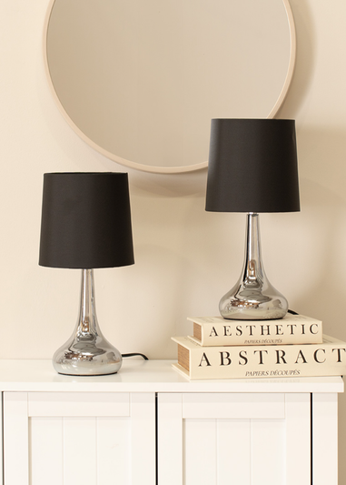 ValueLights Pair Of Chrome Teardrop Table Lamps Black Shades (33cm x 16cm x 16cm)