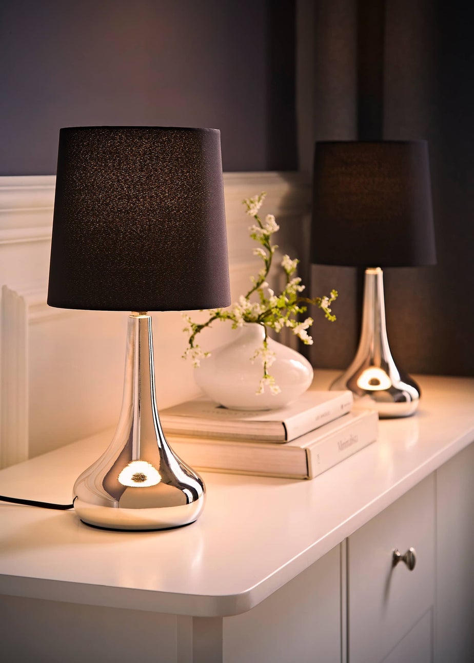 ValueLights Pair Of Chrome Teardrop Table Lamps Black Shades (33cm x 16cm x 16cm)